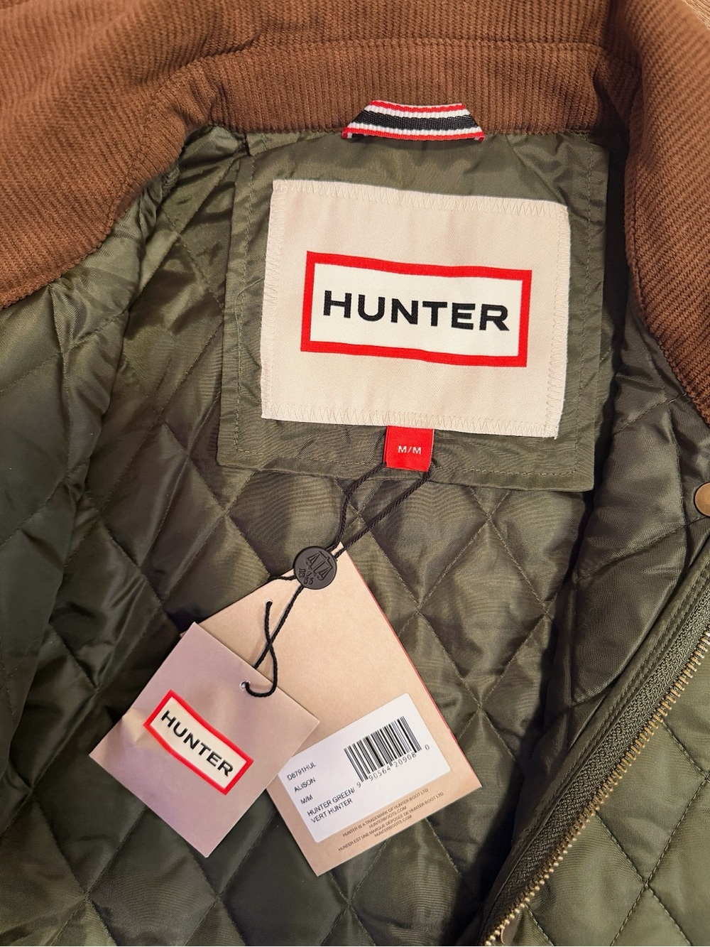 Hunter Green Quilted diamond Puffer jacket with Brown Cord Collar - Picture 2 of 4